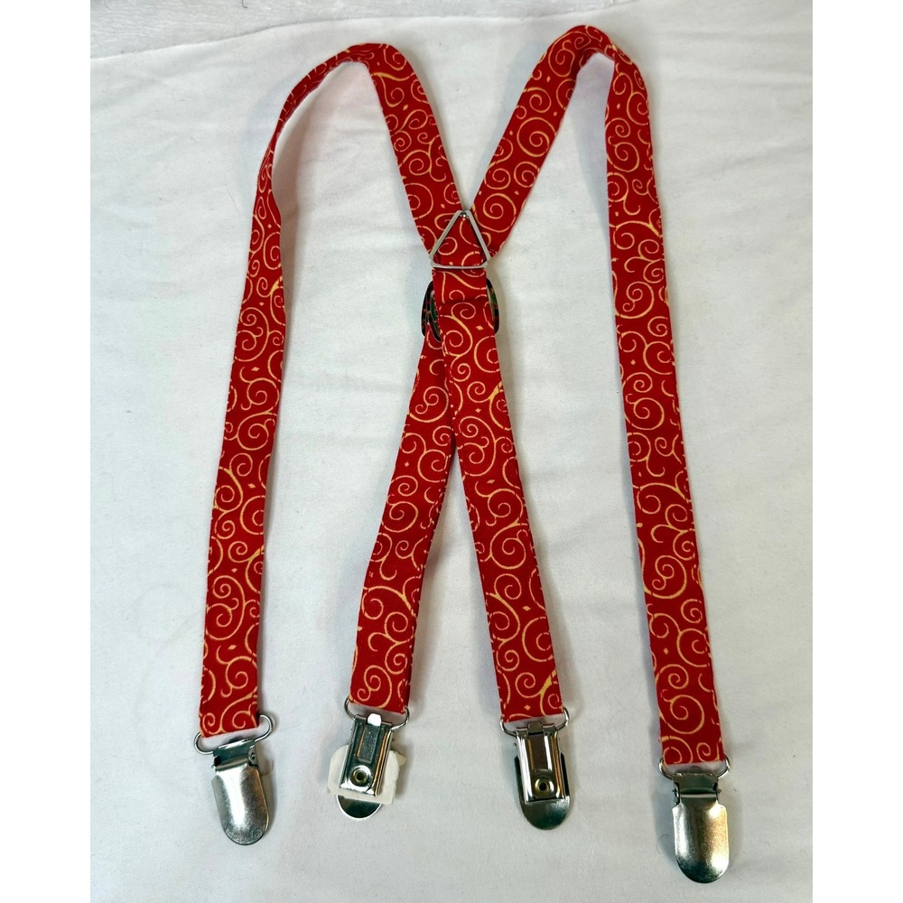 Child's Adjustable Red Gold Swirl Suspenders Elastic Clip-On Holiday Dress Up